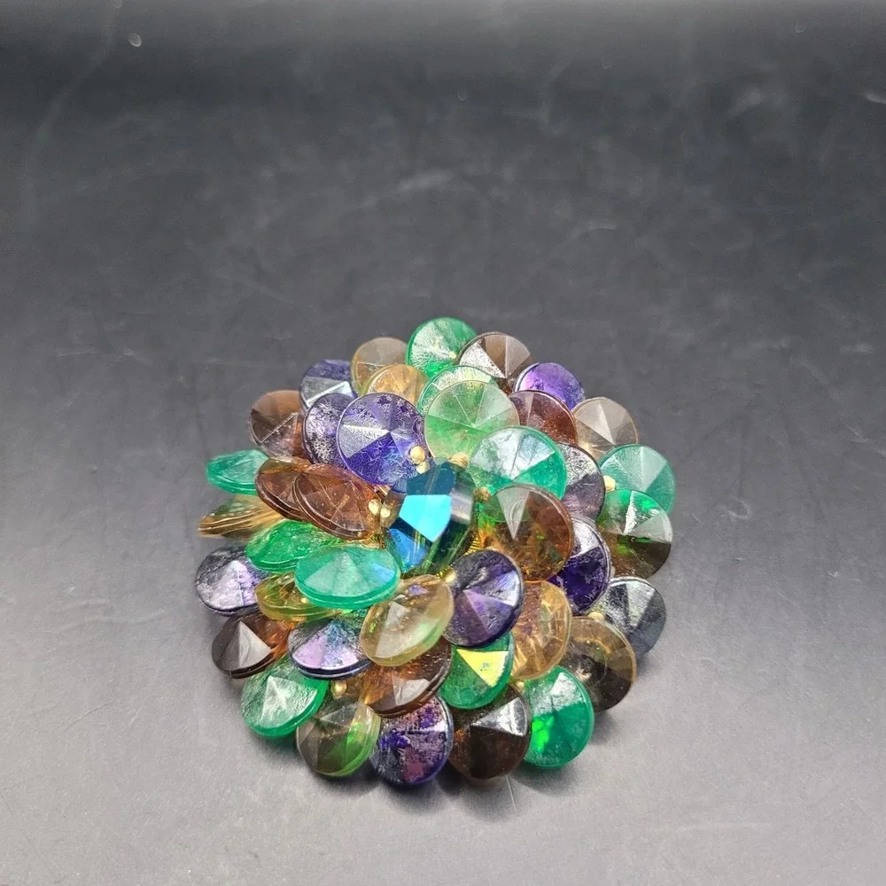 Vintage Brooch Brown Green Purple‎ Gold Tone Back